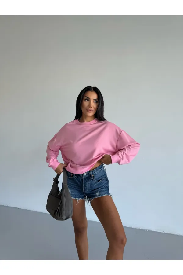 Women's Pink Crew Neck 2 Yarn Sweatshirt HZL25W-FRY123391