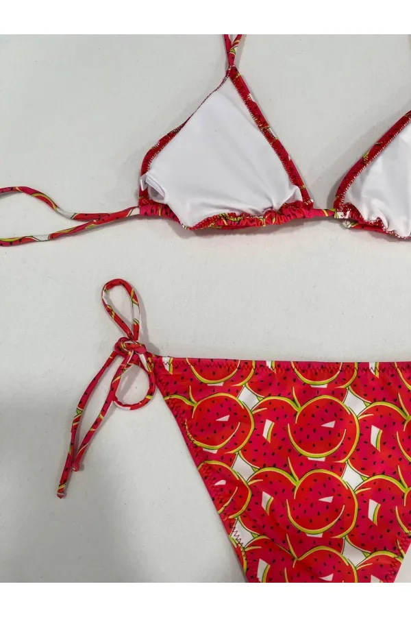 Ensemble bikini triangle dos nu à motif pastèque rouge pour femme HZL25S-LC5005