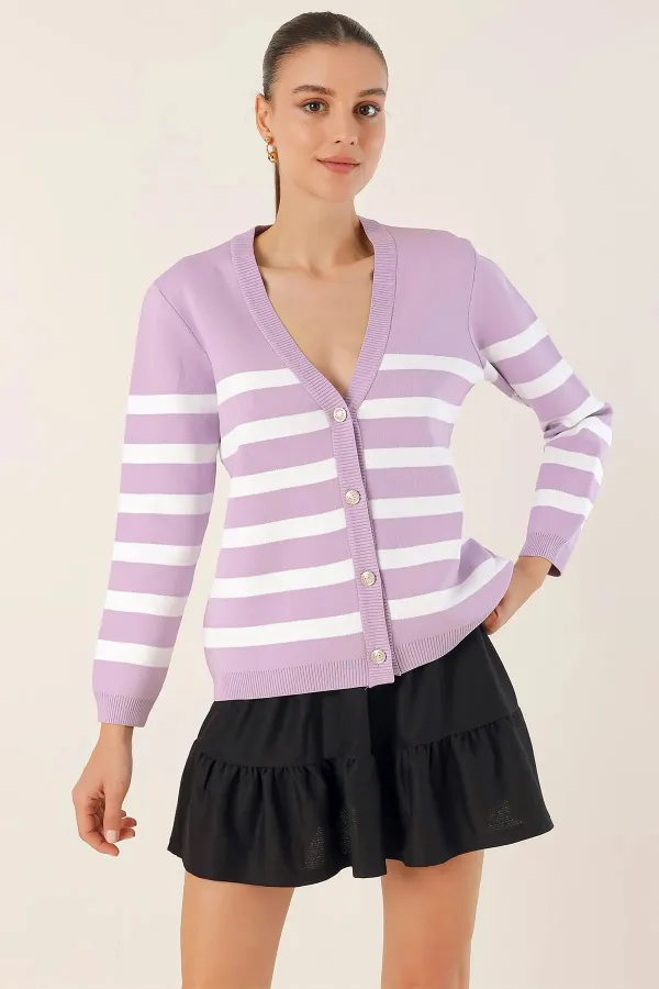 Cardigan en tricot à rayures lilas pour femme, coupe décontractée, col en V, HZL24W-BD1102151