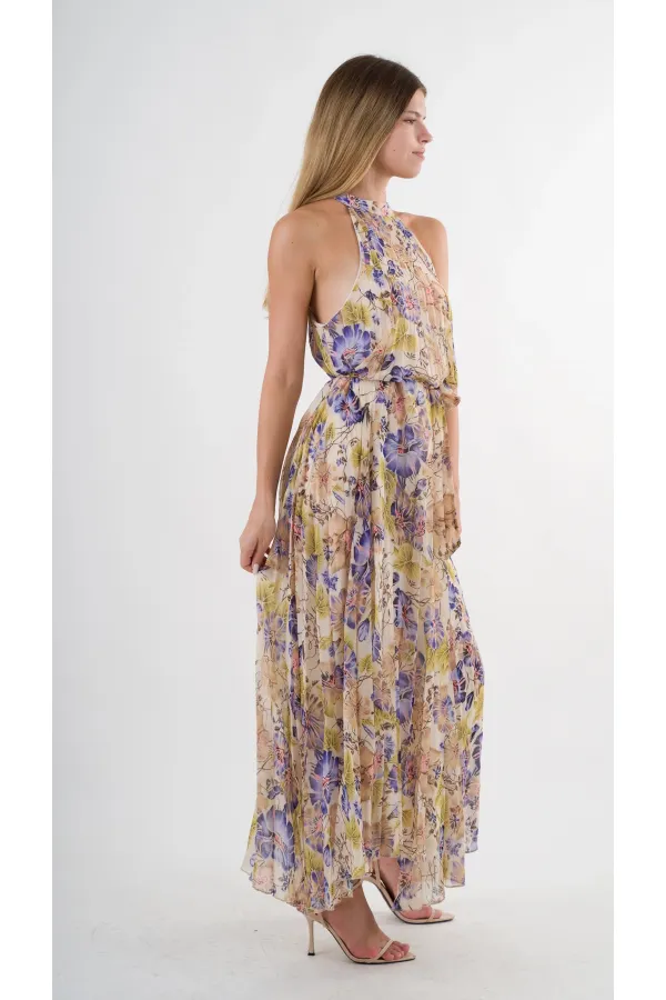 Kadın Mor Çicek Desenli Halter Yaka Kuşaklı Astarlı Uzun Elbise HZL24S-YY233