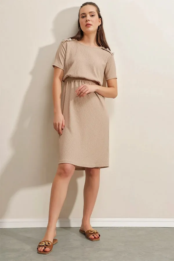 Women's Beige Elastic Waist Button Detailed Casual Knit Dress HZL22S-BD123751