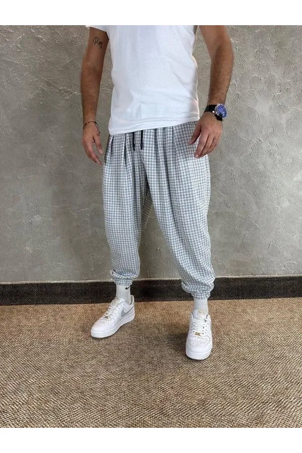 Erkek Ekru Gri etnik desenli Beli ve Paçası Lastikli Eşofman Altı HZL24S-MXC8989-160