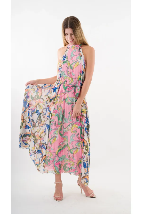 Kadın Çok Renkli Bloklu Yaprak Desenli Halter Yaka Kuşaklı Astarlı Uzun Elbise HZL24S-YY233