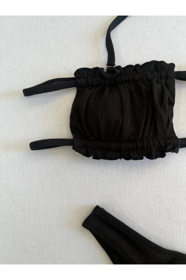 Women's Black String-Tied Gathered Strapless Bikini Set HZL25S-LC2226