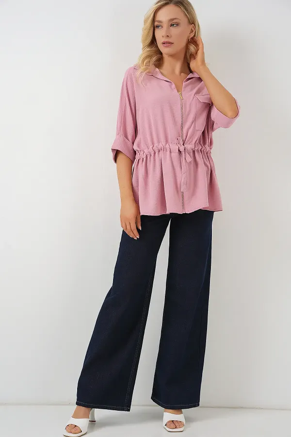 Fermuarlı Kadın Gömlek 0721 - Pudra