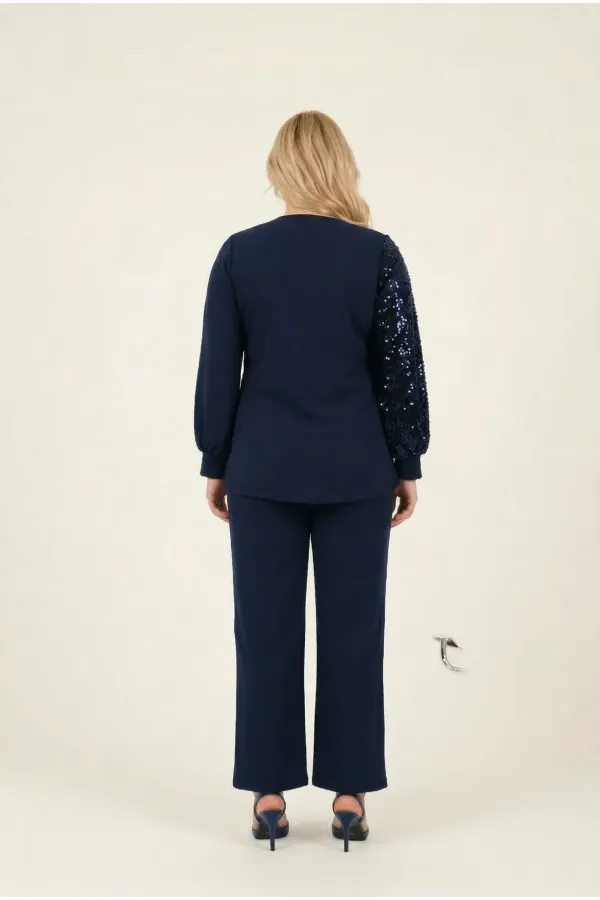 Kadın Lacivert Büyük Beden Payet Detaylı Pantolon Bluz Abiye Takım HZL26W-PR10011
