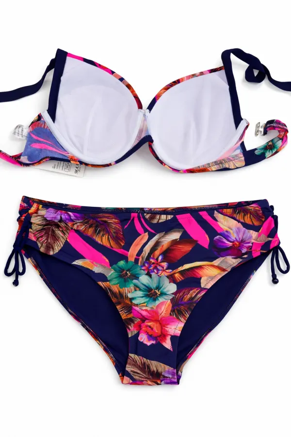 Women's Navy Blue Leaf Pattern Strappy High Waist Shaping Bikini Set HZL24S-LC22625