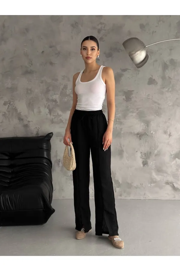 Kadın Siyah Lastikli Bel Yırtmaç Detaylı Cepsiz İthal Keten Astarsız Pantolon HZL24S-FRY121941