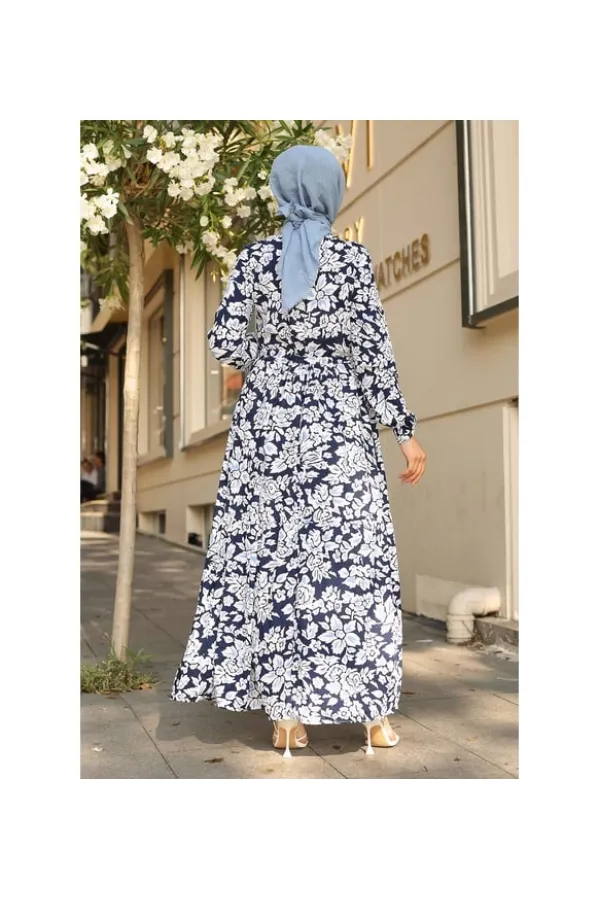 Kadın Lacivert Desenli Hakim Yaka Yazlık Uzun Elbise HZL25W-BD122971