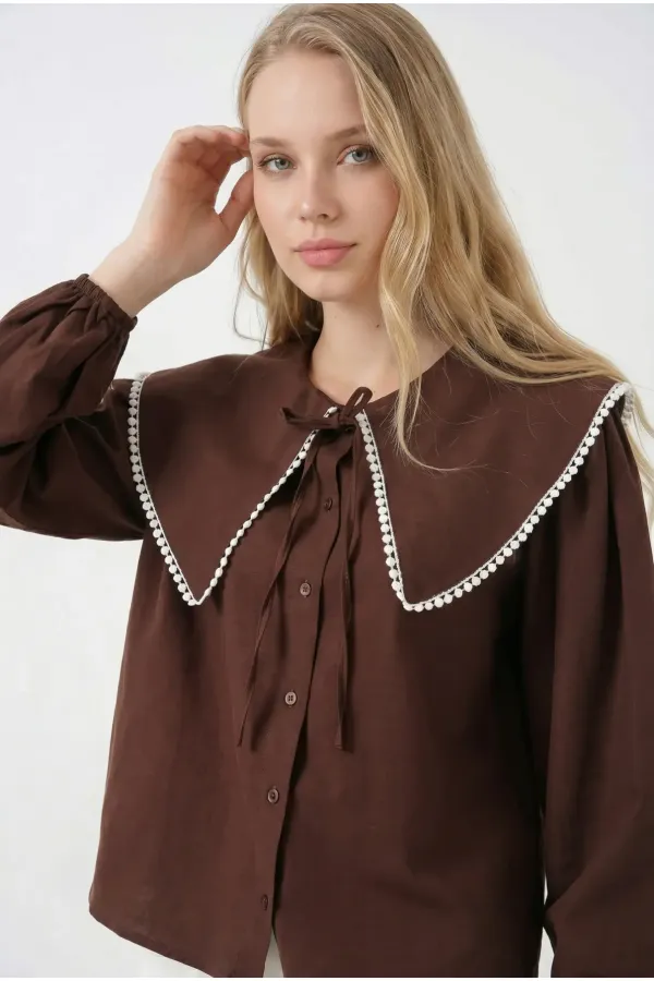 Women's Brown Baby Collar Buttoned Stylish Casual Shirt HZL26S-BD1203141