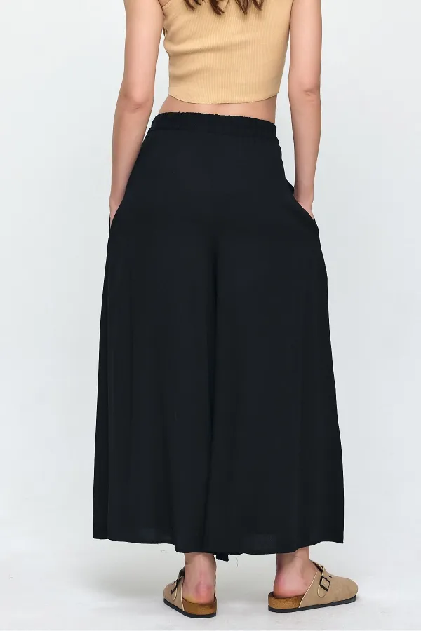 Kadın Siyah Beli Lastikli Nakış Detaylı Bol Kesim Viskon Pantolon HZL25S-VM10301