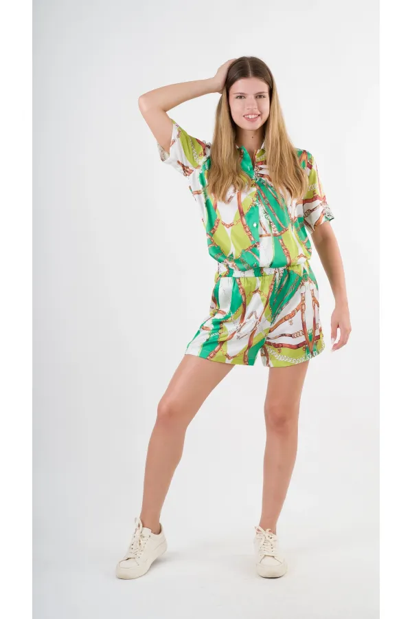 Kadın Fıstık Yeşili Desenli Şort Gömlek Alt Üst Takım  HZL24S-YY226