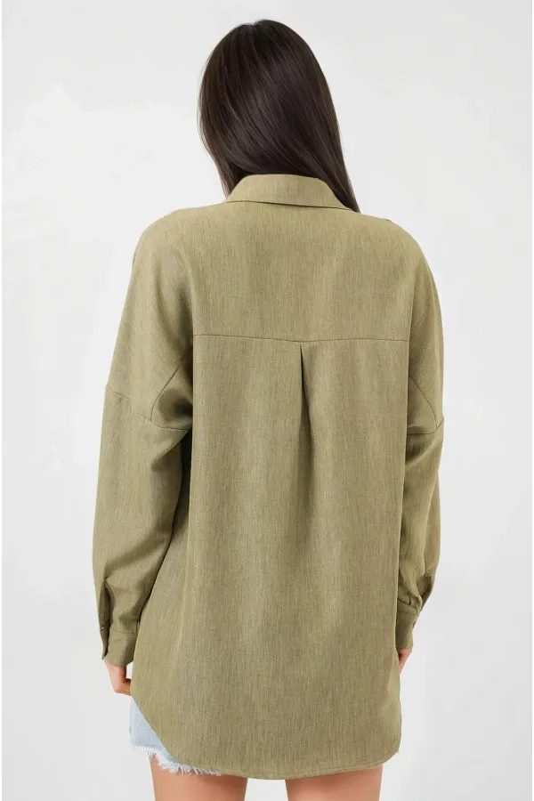 Kadın Çağla Yeşil Oversize Çift Cepli Keten Gömlek HZL22S-BD1201261