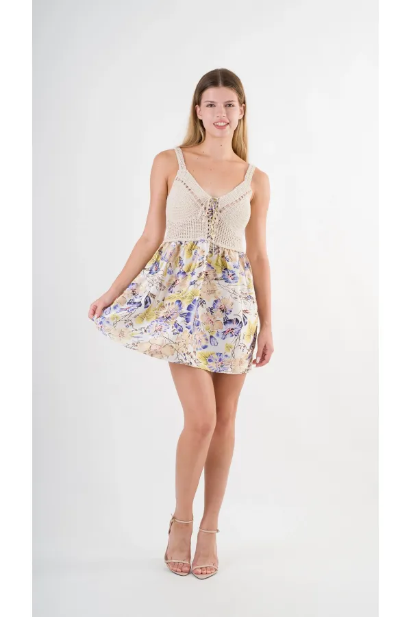 Kadın Mor Önden İp Bağlamalı Ajurlu Model Saten Yüzeyli Mini Elbise HZL24S-YY250