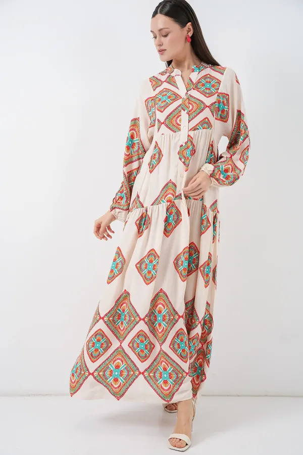 Kadın Desenli Uzun Tesettür Elbise 2585 - Bej