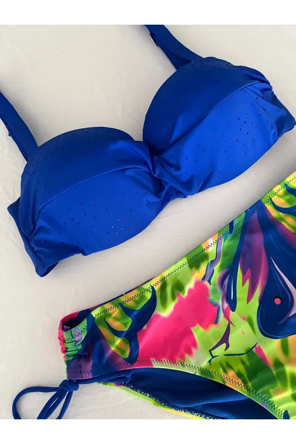 Kadın Saks Mavi Taş İşlemeli Astarlı Bikini Takım HZL25S-LC3334