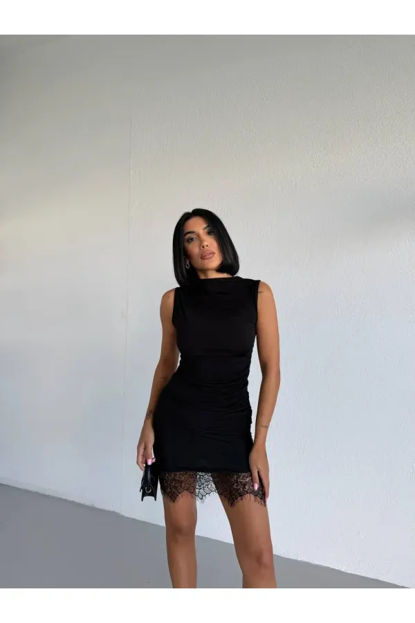 Women's Black Sleeveless Lace Detail Sandy Mini Dress HZL26S-FRY123921 Women's Black Sleeveless Lace Detail Sandy Mini Dress HZL26S-FRY123921