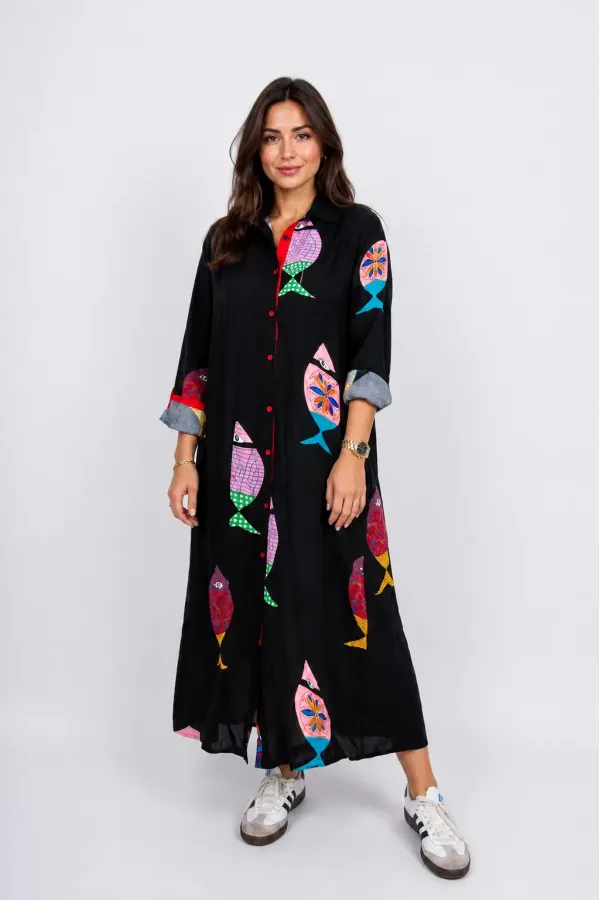 Women's Black Plus Size Fishtail Pattern One Size Viscose Fabric Shirt Dress HZL26S-VL12551