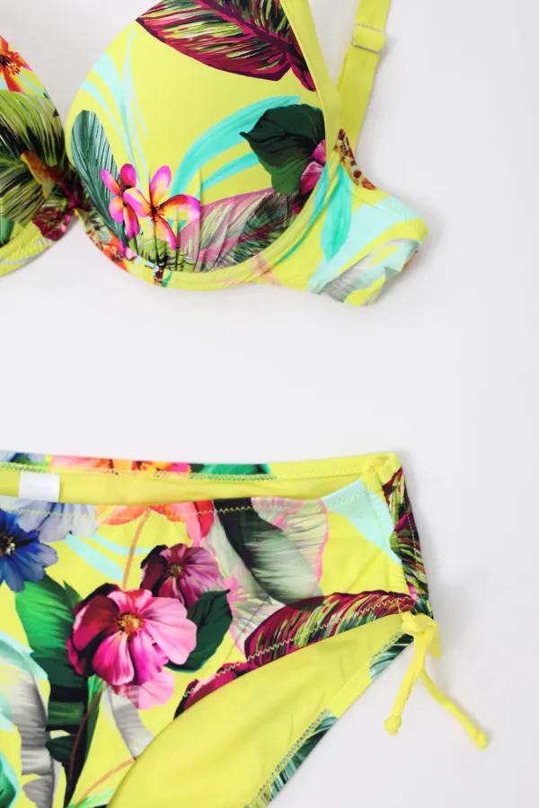Women's Yellow Leaf Patterned Strappy High Waist Shapewear Bikini Set HZL24S-LC22625