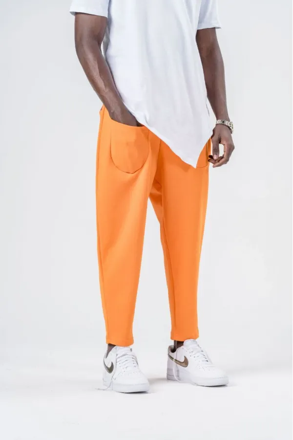 Men's Orange String-Tied Straight Cut Pocketed Trousers Sweatpants HZL24S-MXC8948-331