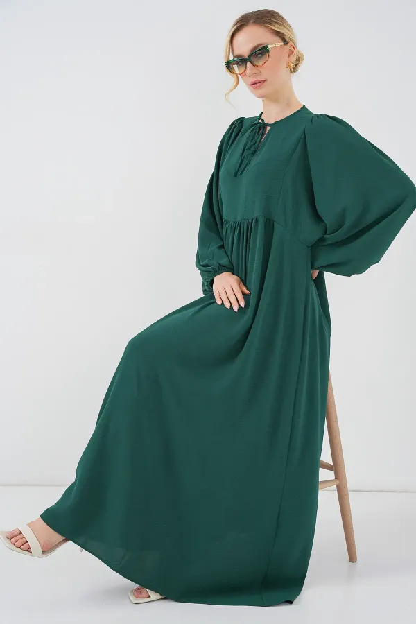 Women's Balloon Sleeve Long Hijab Dress 2464 - Emerald Green
