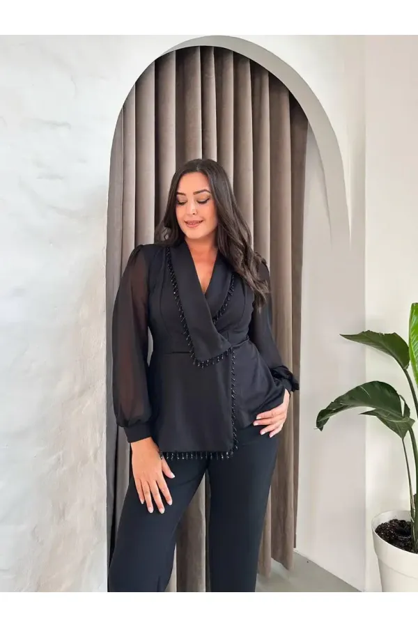 Kadın Siyah Büyük Beden Taş İşlemeli Şifon Kol Alt Üst Abiye Takım HZL26S-PR10151