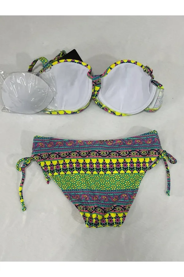 Kadın Yeşil Çok Renkli Etnik Desen Atarlı Bikini Takımı HZL25S-LC8004