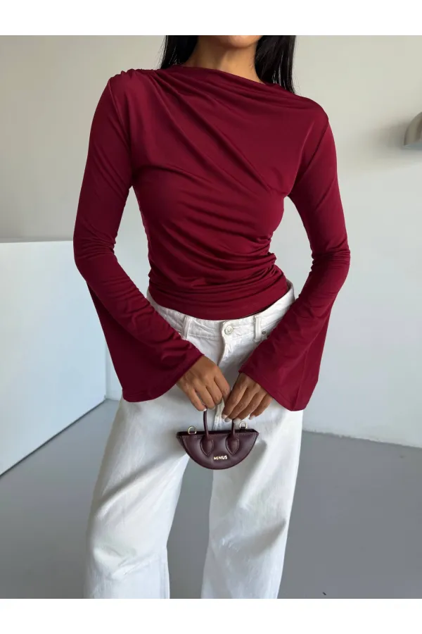 Kadın Bordo Drape Detaylı İspanyol Kol Sany Bluz HZL25W-FRY123431