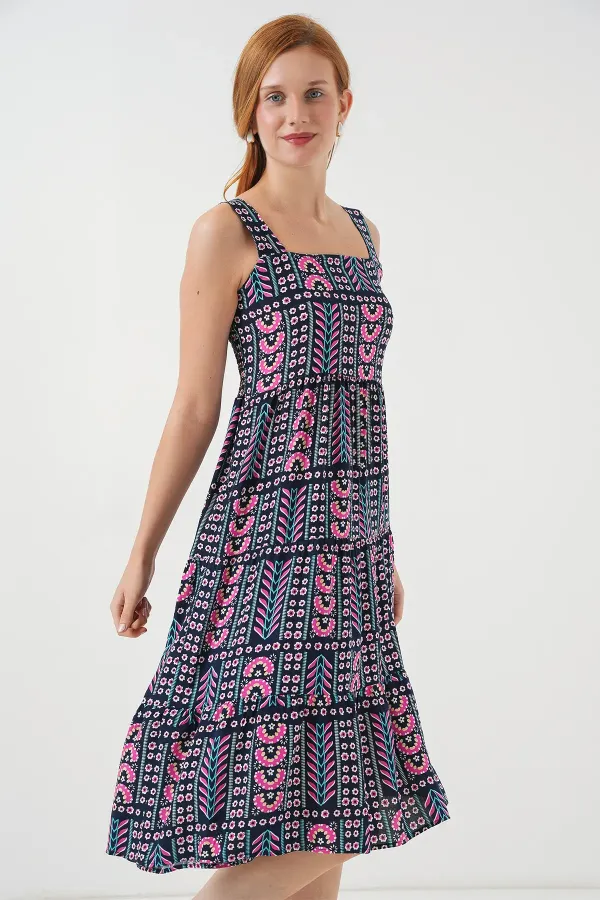 Robe midi à bretelles à motifs pour femme 2577 - Bleu marine