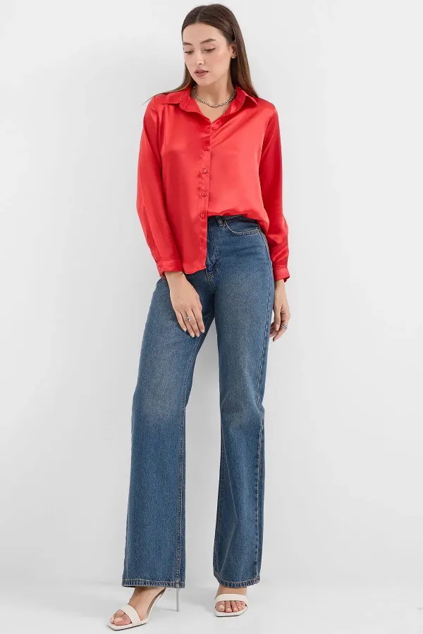 3964 Lightly Draped Satin Shirt - Burgundy