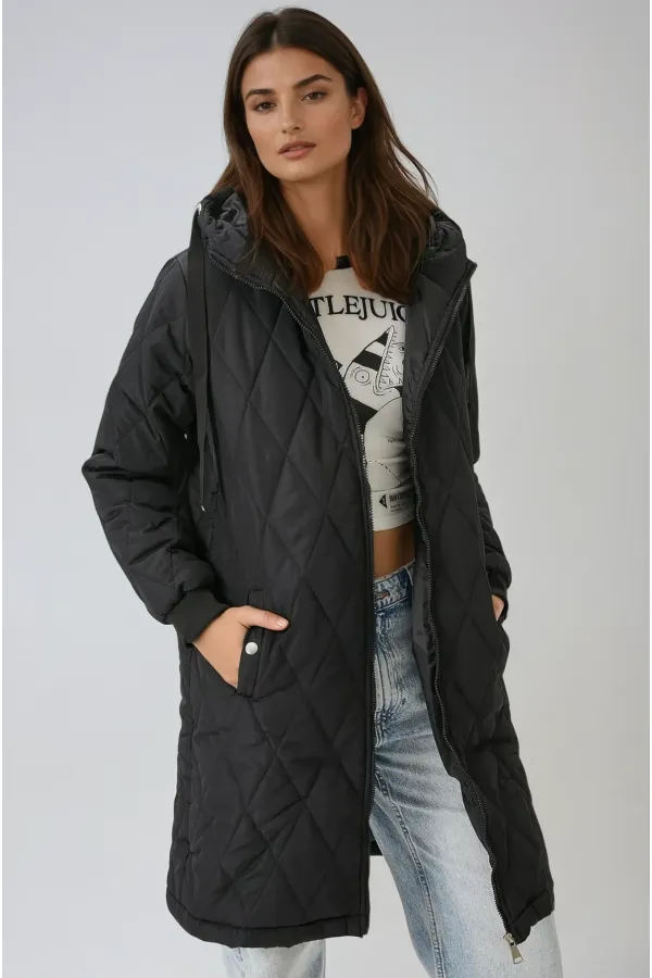 Kadın Siyah Kapitone Uzun Şişme Mont HZL22W-BD151381