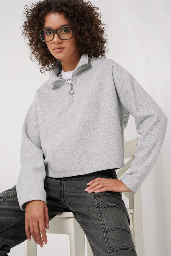 55449 Zip-Up Collar Knitted Sweatshirt - Grey