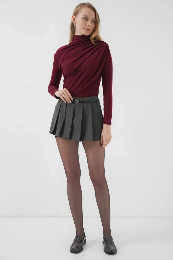 Kadın Bordo Büzgü Detay Balıkçı Yaka Sandy Bluz HZL25W-BD19251