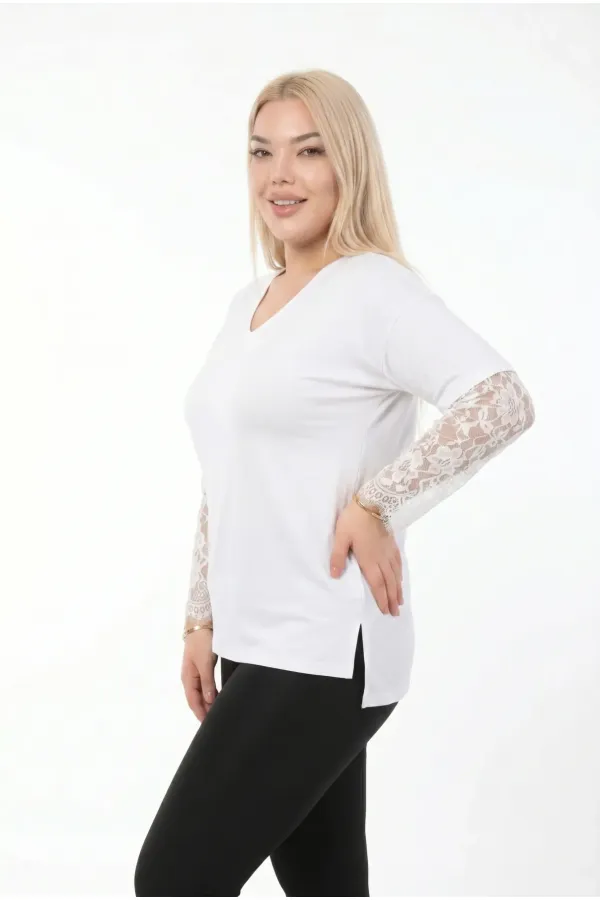 Women's White Plus Size V-Neck Lace Sleeve Blouse HZL26S-ZSS19661 Women's White Plus Size V-Neck Lace Sleeve Blouse HZL26S-ZSS19661