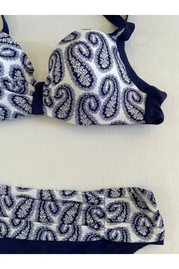 Ensemble bikini femme bleu marine et blanc à motifs ethniques HZL25S-LC213
