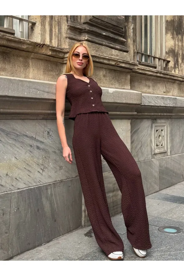 Kadın Kahverengi Beli Lastilkli Gofre Kumaş Pantolon HZL24S-ZK13261
