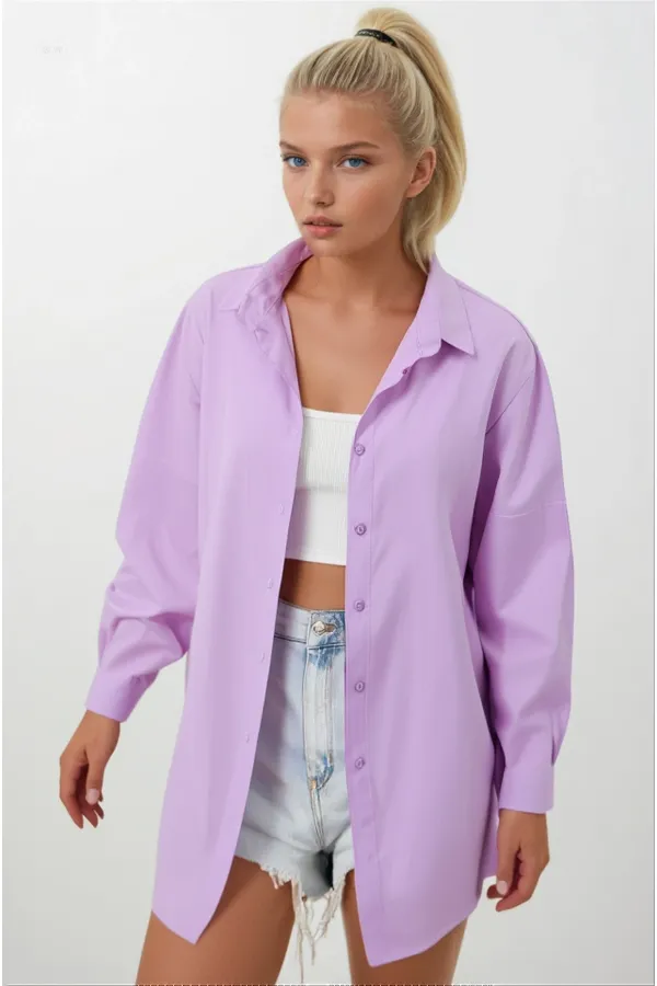 Kadın Lila Oversize Uzun Basic Gömlek Hzl22w-bd139001