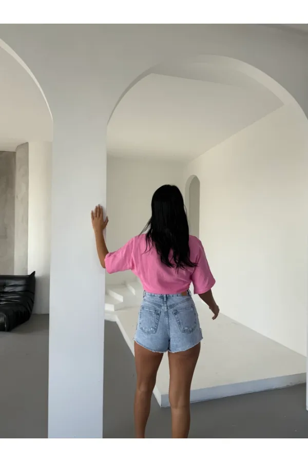 Kadın Pembe Bağlama Detaylı Müslin Keten Bluz HZL25S-DSB1212