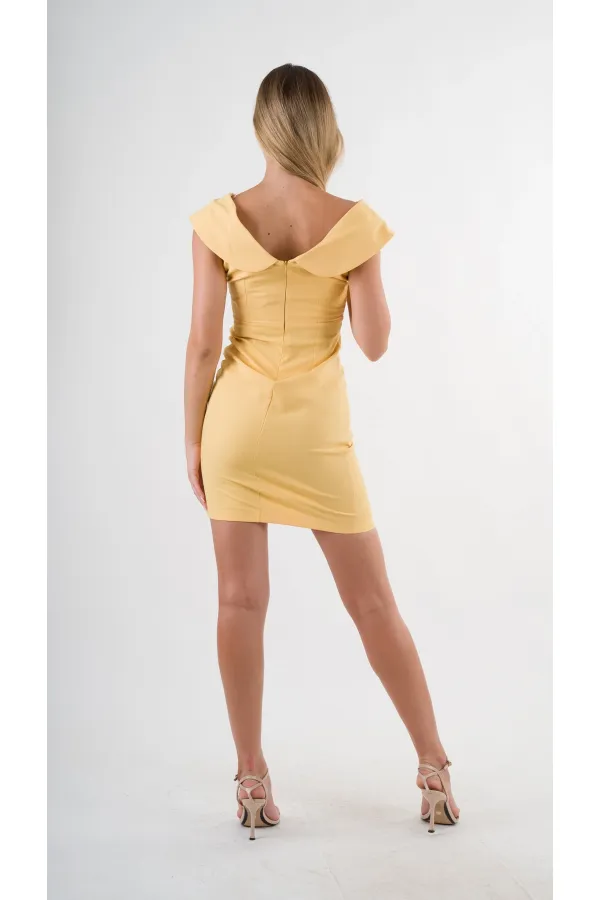 Kadın Sarı V Yaka Yırtmaç Detaylı Kolsuz Elbise HZL24S-YY272