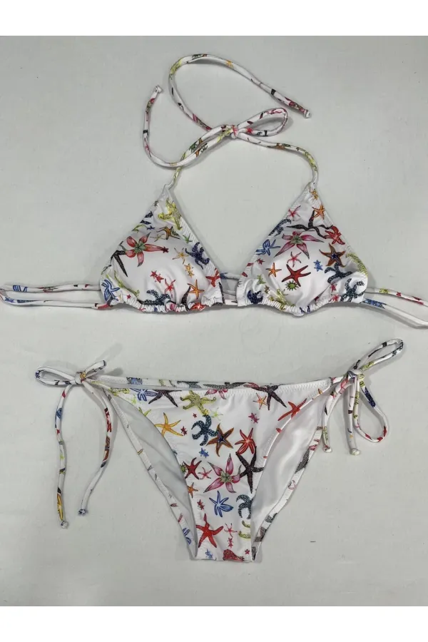 Ensemble bikini triangle dos nu à motif étoile blanche pour femme HZL25S-LC5005