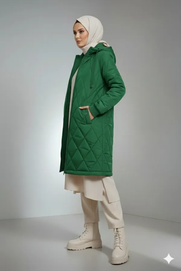 Manteau hijab long matelassé vert émeraude pour femme HZL25W-BD151381