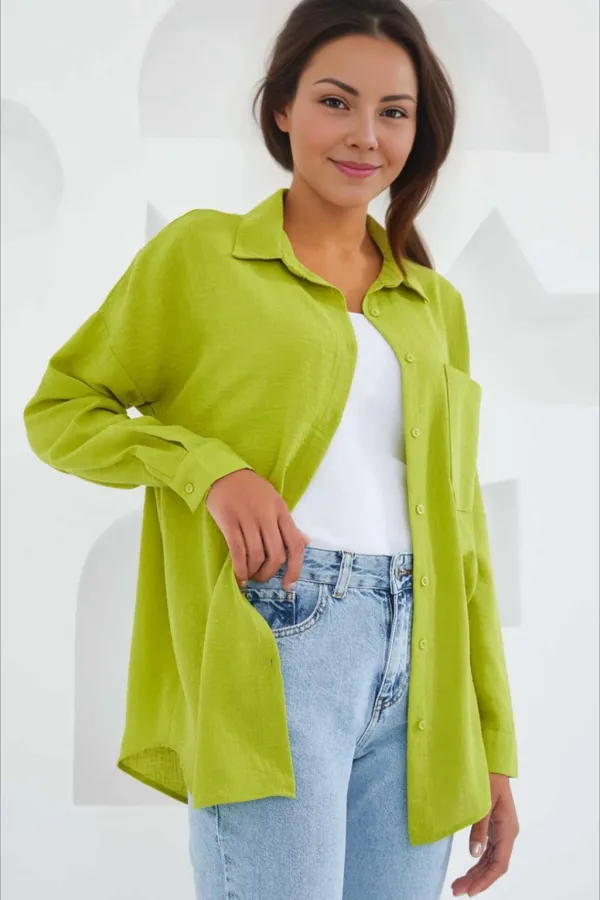 Kadın Fıstık Yeşil Tek Cepli Oversize Keten Ayrobin Gömlek HZL24S-BD1201531