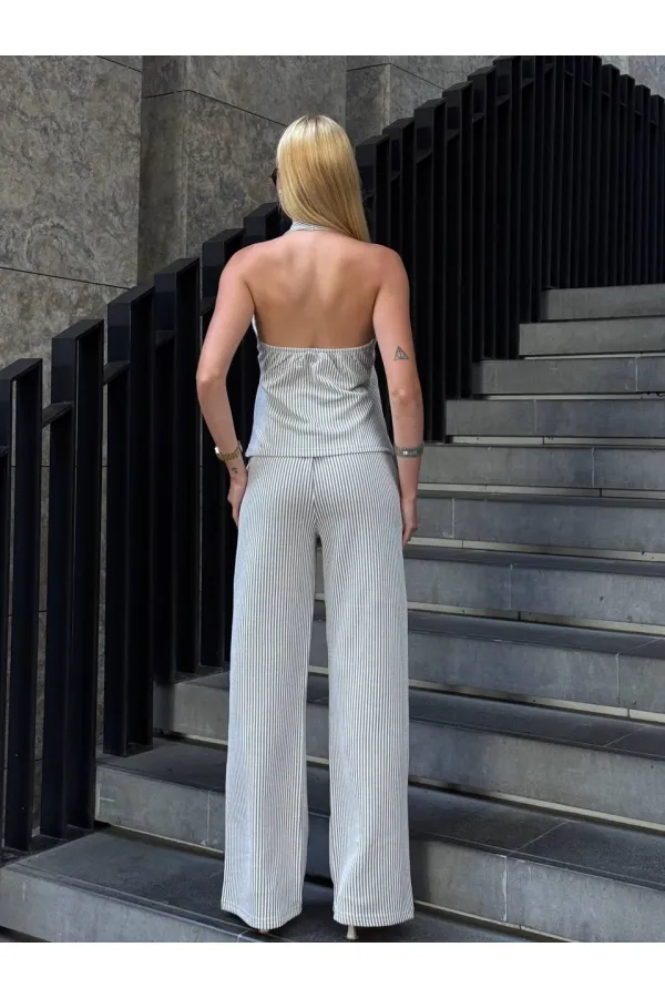 Kadın Bej Çizgili Önü Fermuarlı Bluz Pantolon İkili Takım HZL25S-ZK13691