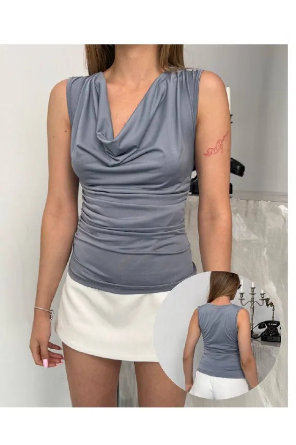 Women's Grey V-Neck Sandy Blouse with Side Drapes HZL25S-FRY123131