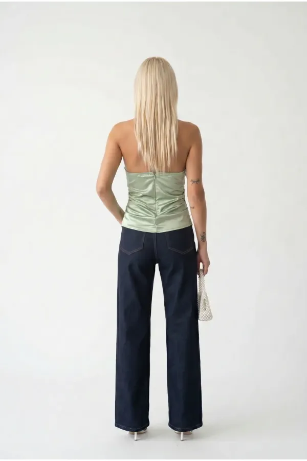 Kadın Çağla Yeşil Halter Yaka Saten Kumaş Sırt Dekolteli Bluz HZL26W-FRY123801