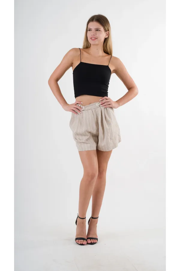 Kadın Bej Çizgili  Beli Lastikli Düğme Detaylı Cepli Şort HZL24S-YY277