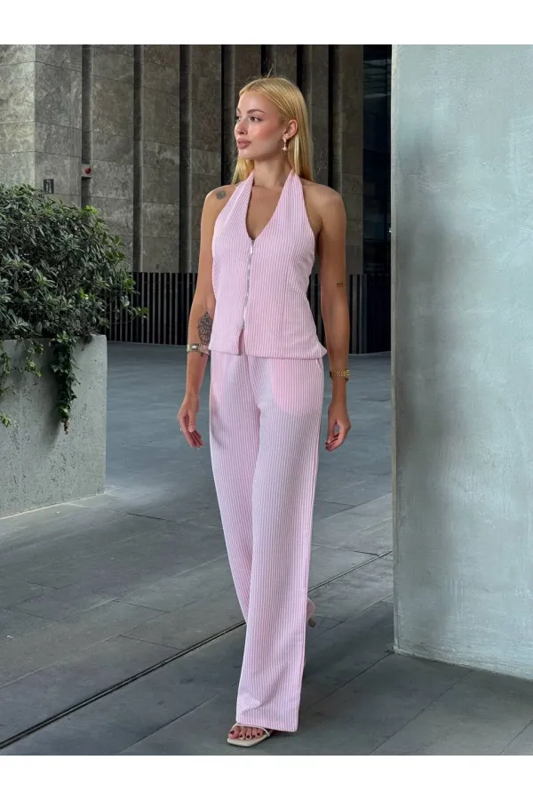 Kadın Pembe Çizgili Önü Fermuarlı Bluz Pantolon İkili Takım HZL25S-ZK13691