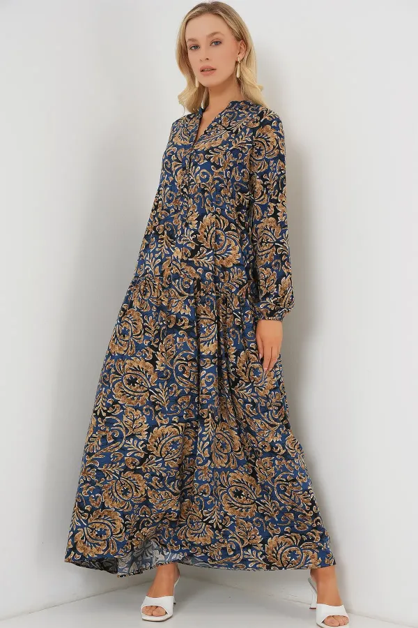 Robe hijab à motifs authentiques 2423 - Bleu marine 11
