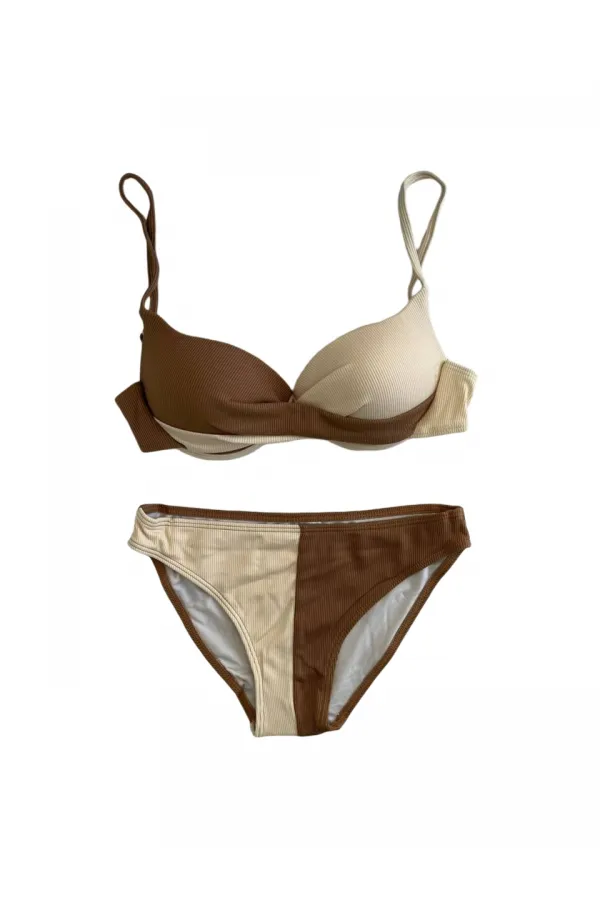 Women's Brown Cream Color Block Lined Bikini Set HZL25S-LC214