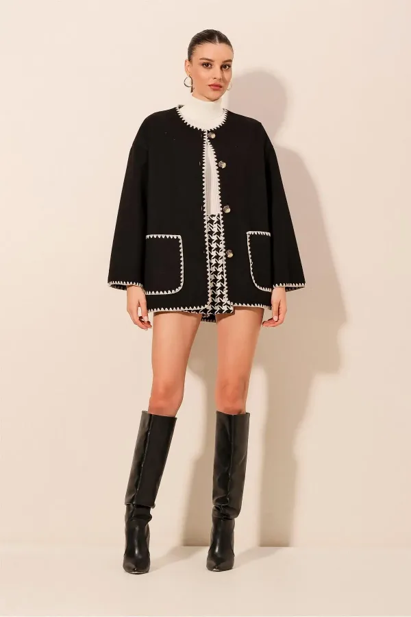 Veste en cachemire brodée Boyfriend 0690 - Noire